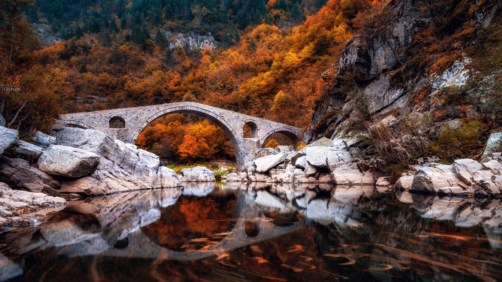 devils bridge, autumn, bridge, lake, reflection Download Wallpaper