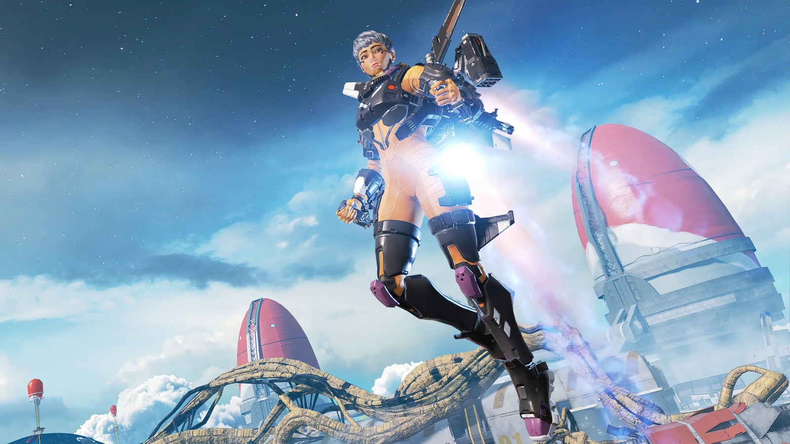 Une femme en tenue futuriste volant dans les airs (apex legends, jeu vidéo, valkyrie, volant)