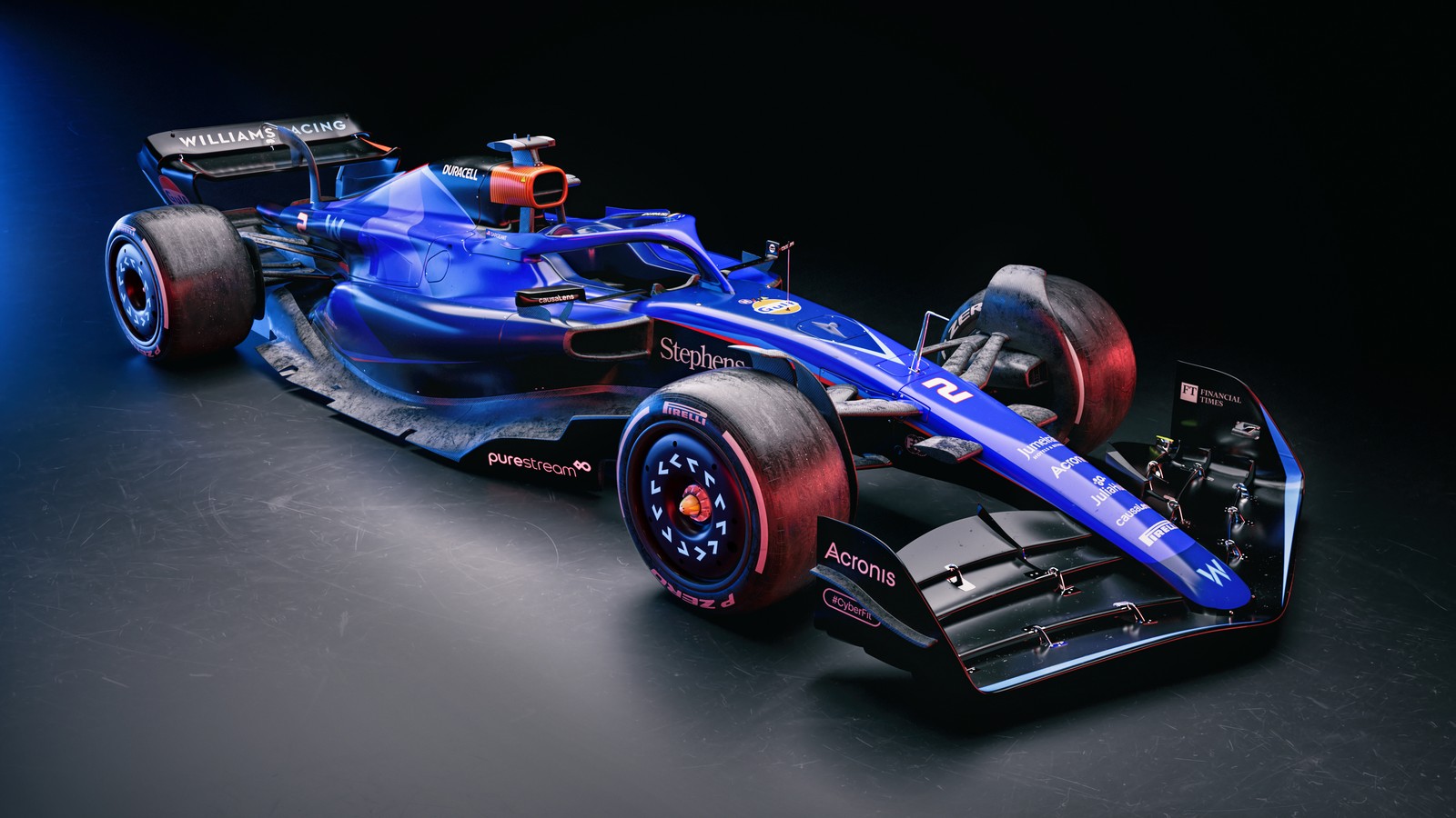 Ein blauer rennwagen mit roten rädern auf einer schwarzen oberfläche (williams fw45, formel 1, formula 1, f1 2023, cgi)