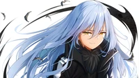 Rimuru Tempest de "Aquela vez que fui reencarnado como um slime" com cabelo azul fluido e uma expressão confiante.