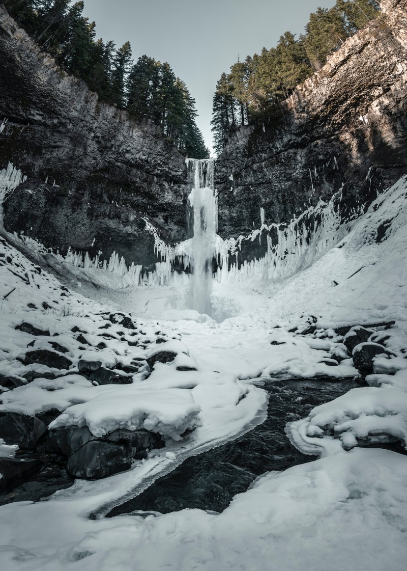 Водопад, который замерз в середине снежного леса (водопад, природа, вода, зима, снег)