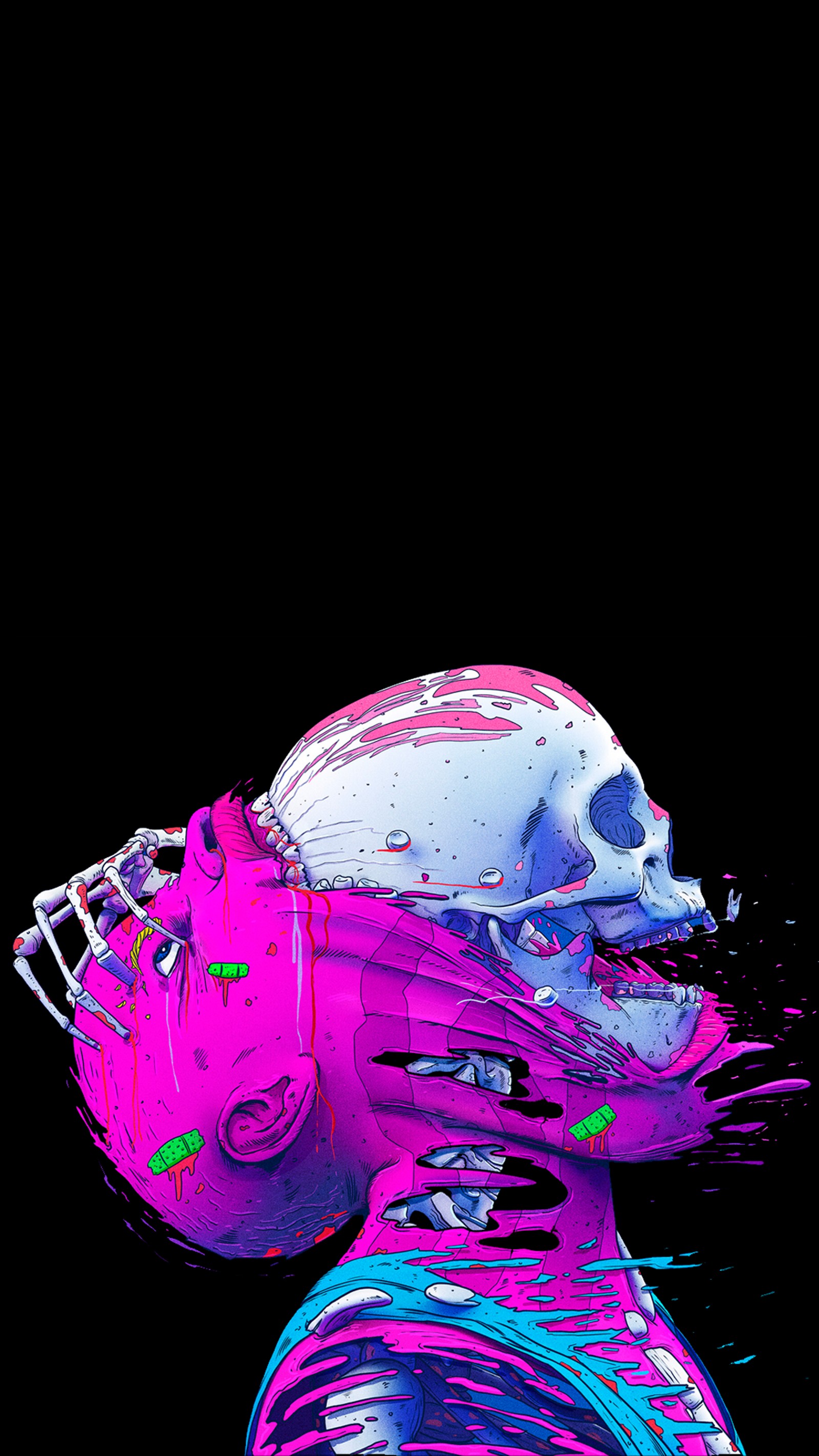 Pintura digital colorida de uma mulher com cabeça de crânio (esqueleto, crânio, amoled, magenta, roxo)