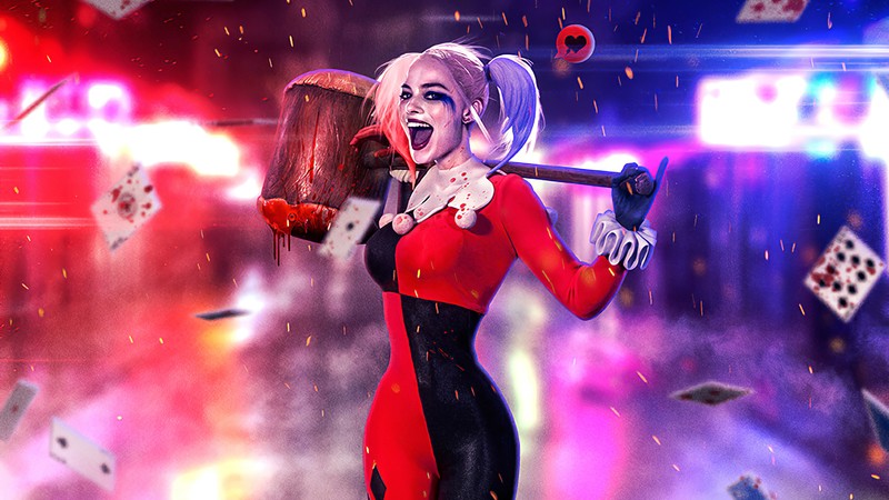 Харли в красном и чёрном наряде с битой и игральными картами (margot robbie, harley quinn, отряд самоубийц, suicide squad, женщина кошка)