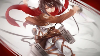 Mikasa Ackerman in dynamischer Kampfpose aus Angriff der Titanen