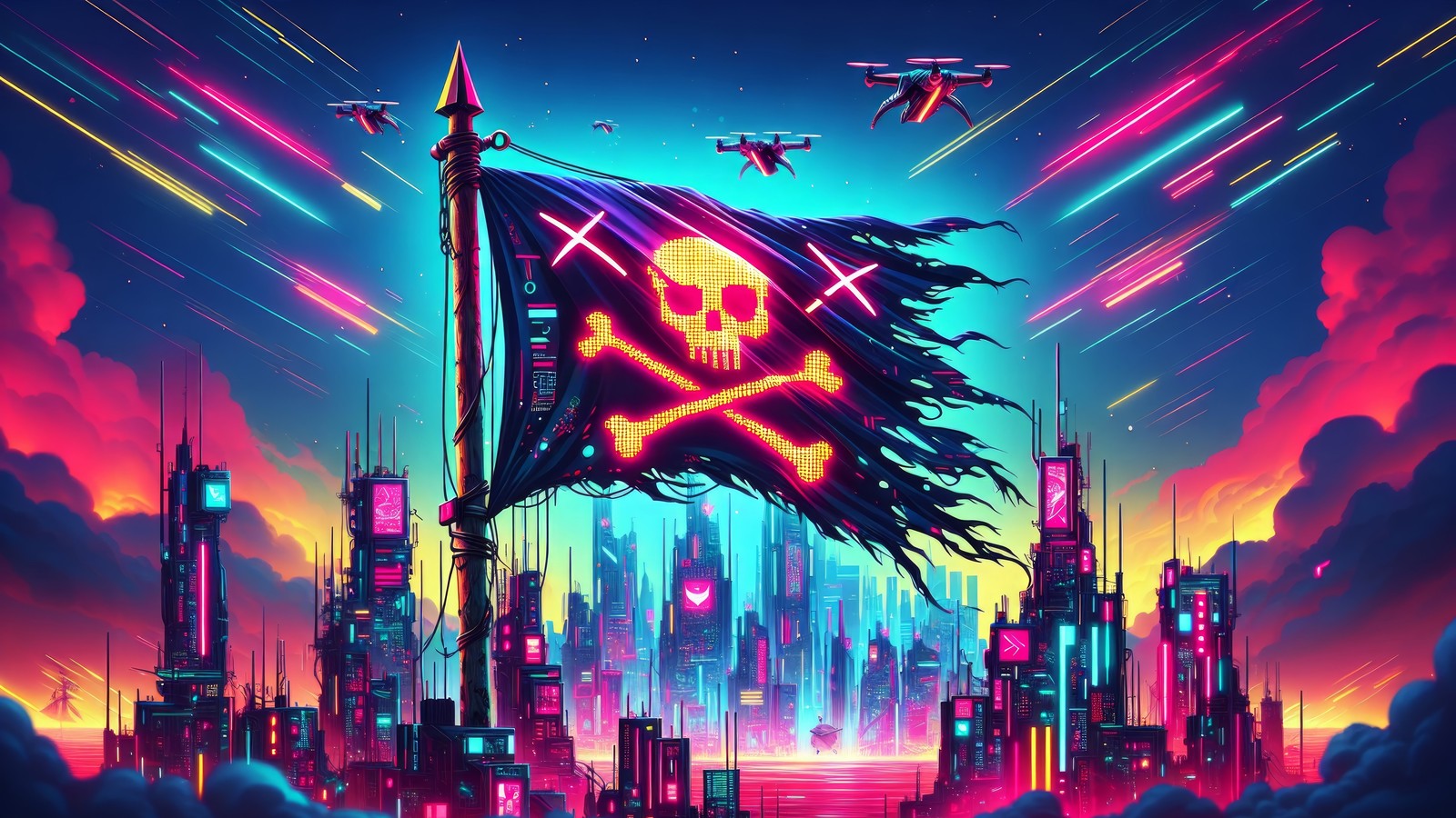 A neon city with a flag and a skull on it (cyberpunk, sci fi, pirate, flag, digital art)