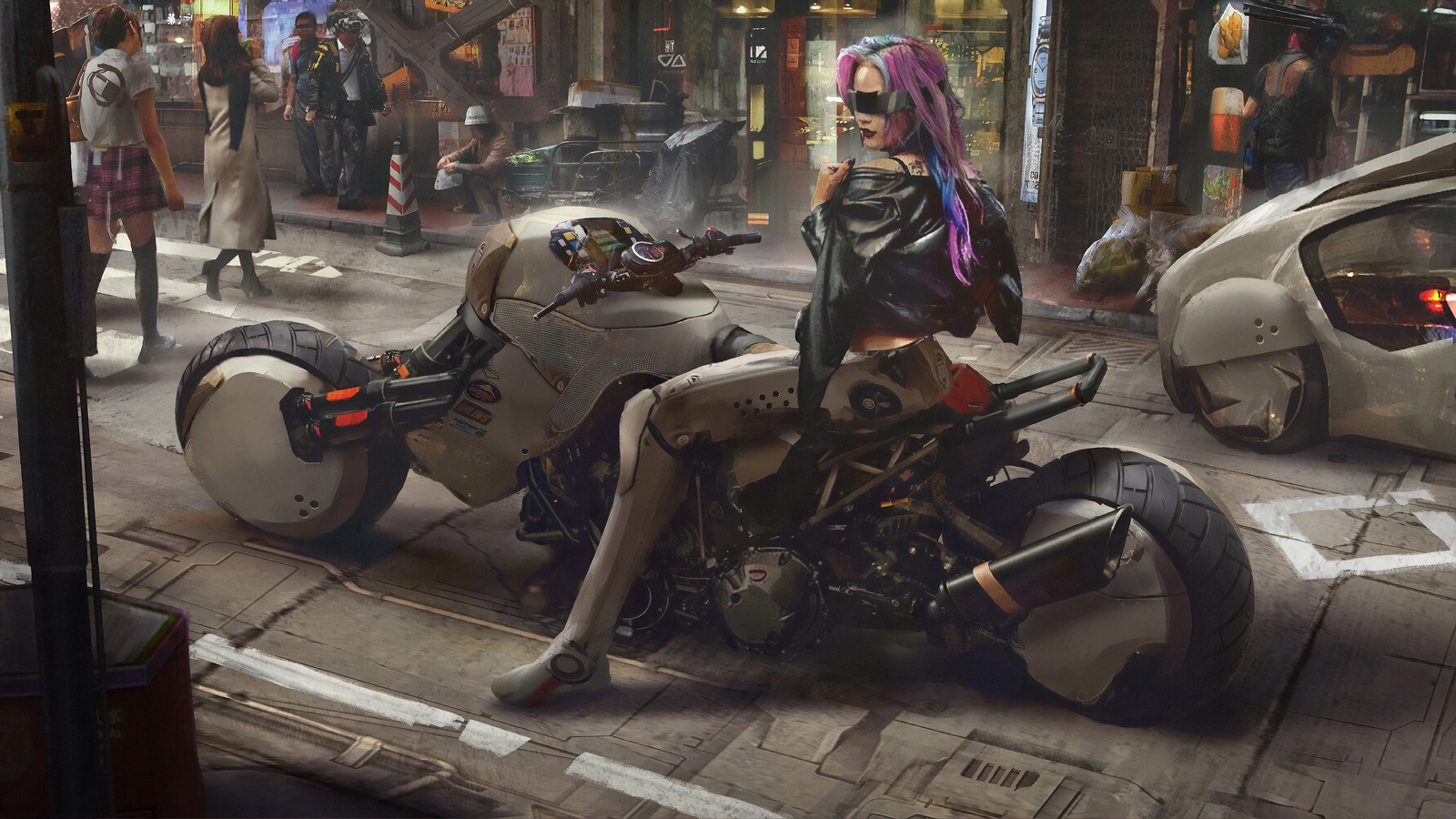 Ilustração em estilo anime de uma mulher montando uma motocicleta em uma rua da cidade (cyberpunk, motocicleta, ficção científica, meninas)