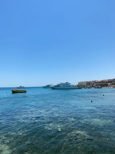 Vue côtière sereine avec des yachts et des eaux bleues claires