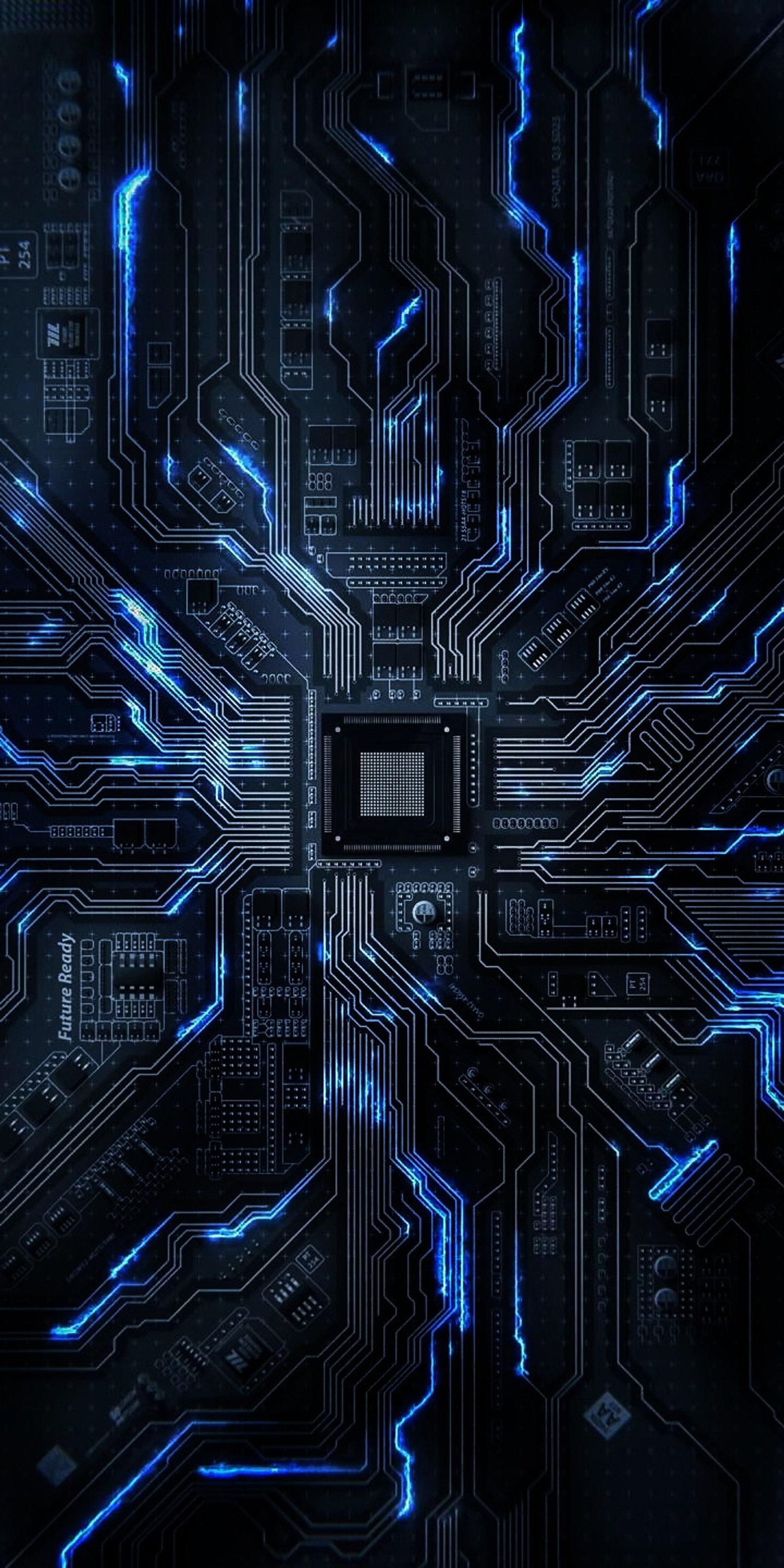 Un primer plano de una placa de circuito de computadora con luces azules (circuito, computadora, pantalla, electrónico, electrónica)