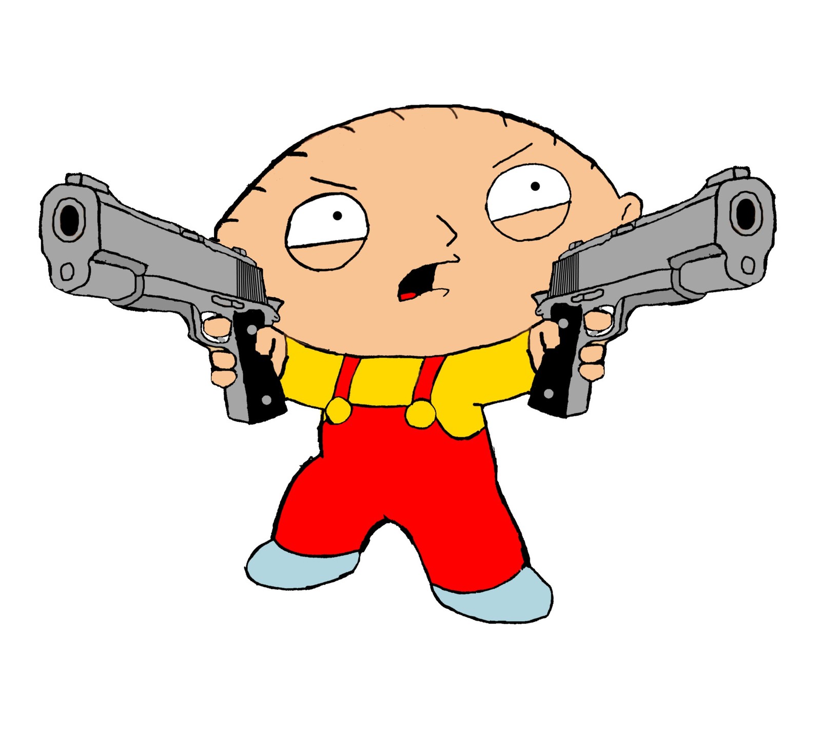 Um desenho animado de um homem segurando duas armas nas mãos. (uma família da pesada, family guy)