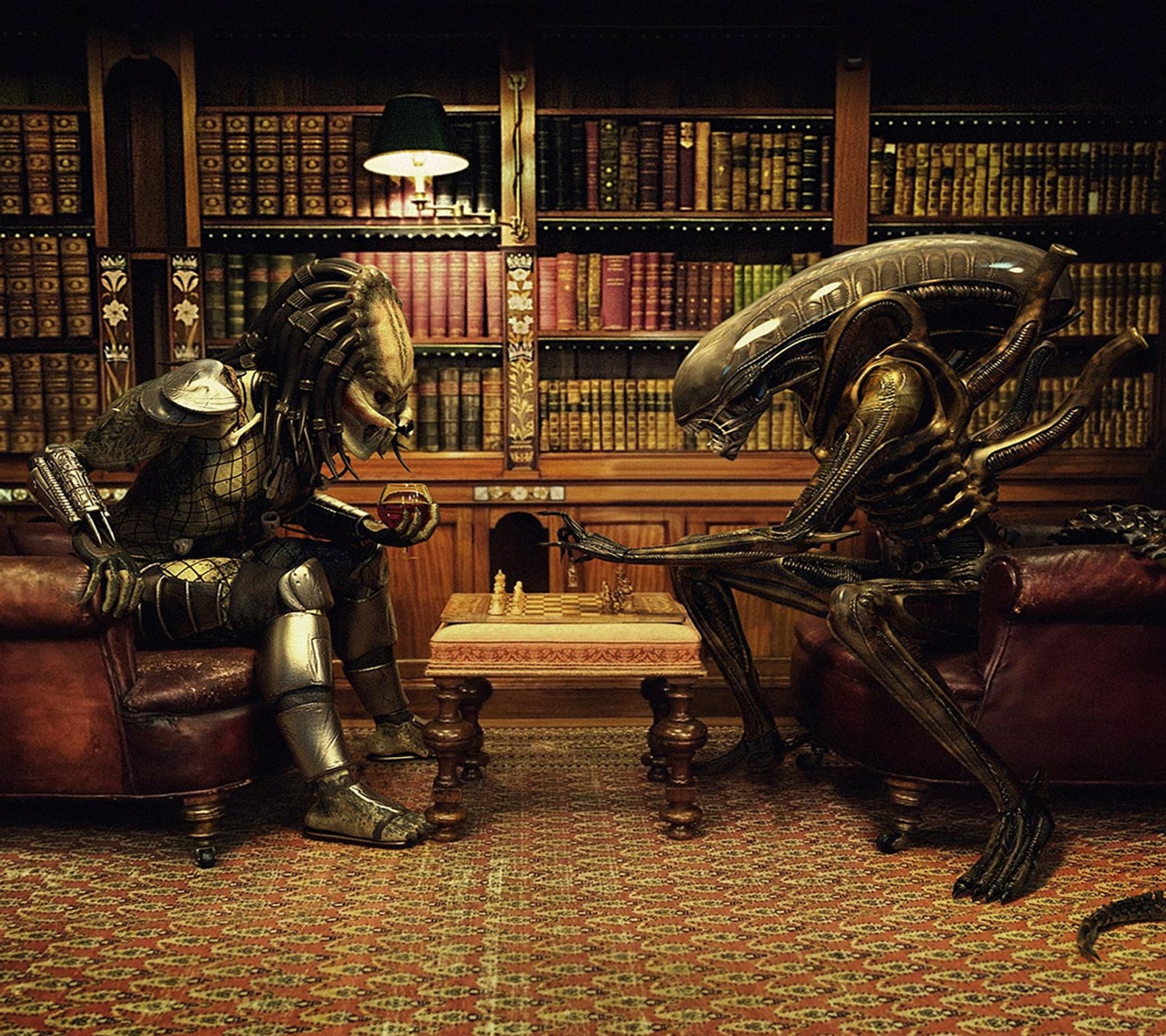 Un homme et une femme aliens assis dans des chaises dans une bibliothèque avec des étagères de livres (allien, hd, vs predator)