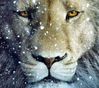 Majestic Lion Amidst Snowfall in a Fantasy Realm