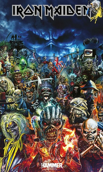 Un collage vibrante que presenta imágenes y personajes icónicos de Iron Maiden, celebrando la legendaria música y el arte de los álbumes de la banda.