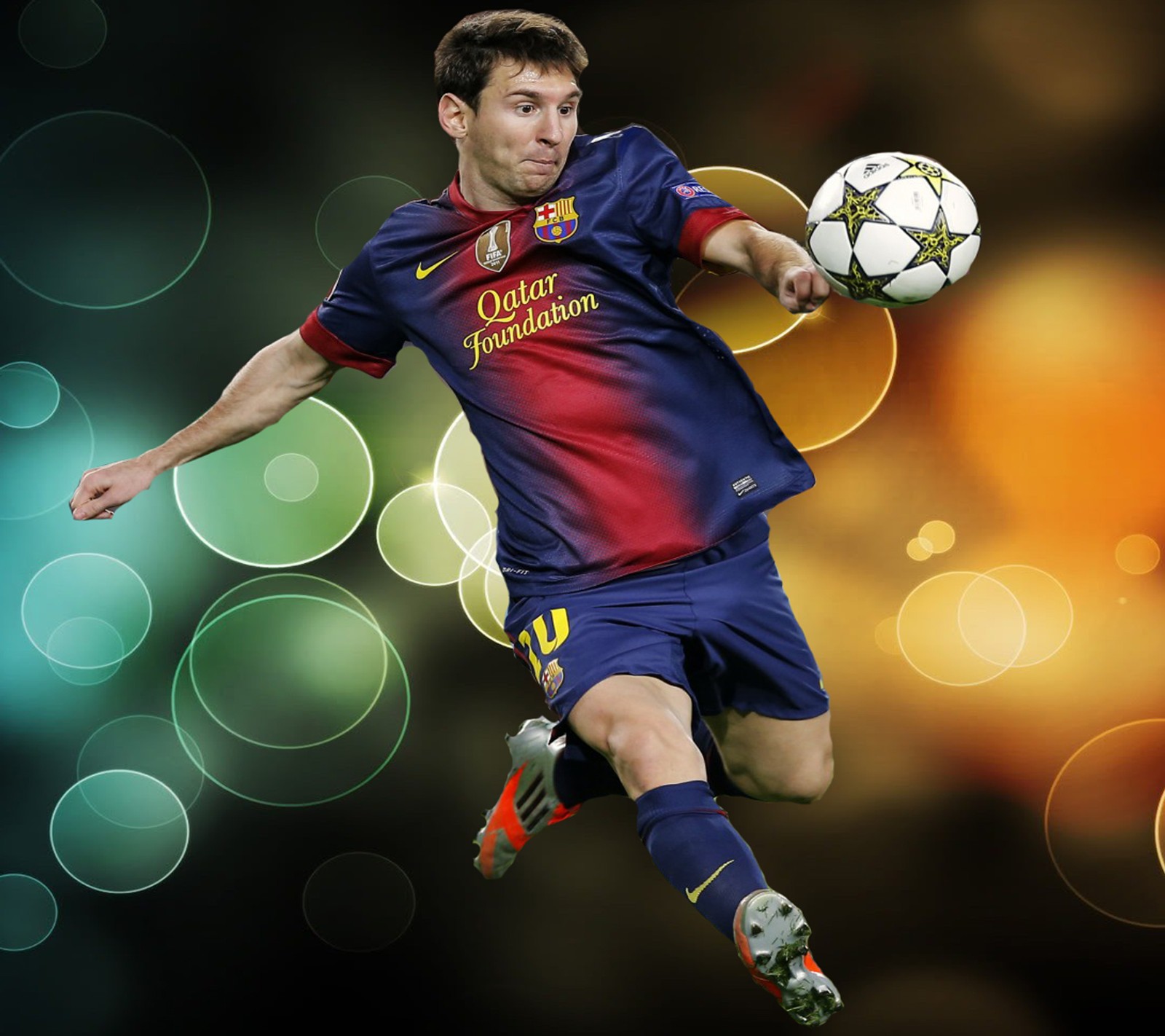 Arafed image of a soccer player in a blue uniform kicking a soccer ball (barcelona, cristiano ronaldo, lionel messi, love, messi)