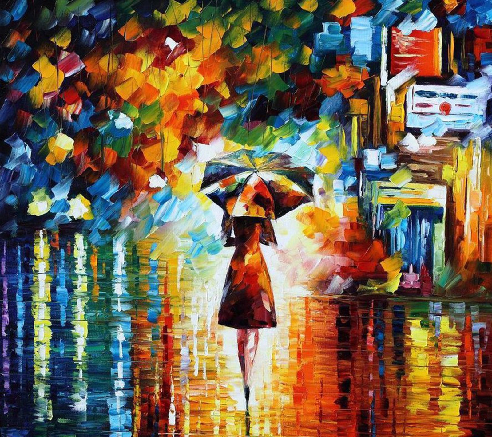 Peinture d'une femme marchant sous la pluie avec un parapluie (abstrait, art, couleur, design)