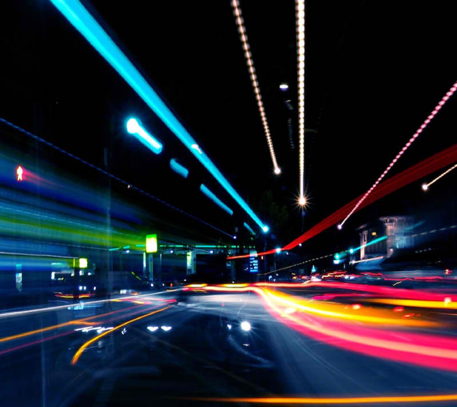 Arafed image of a city street at night with a blurry image of a car (blur, lights, neon, streets)