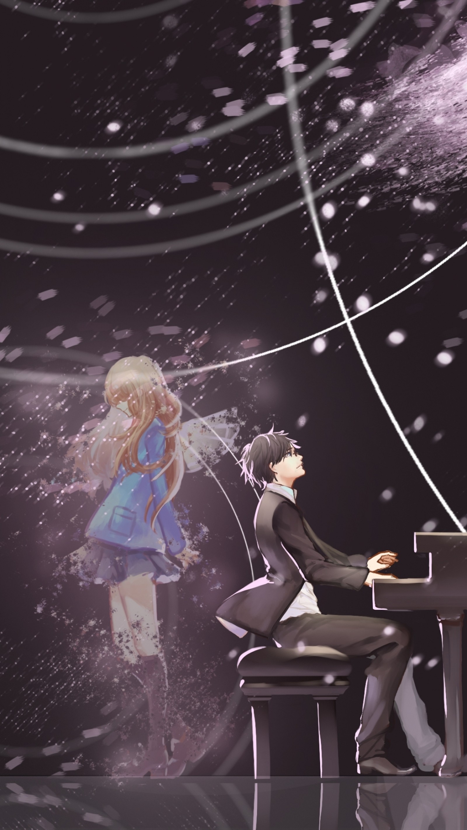 Cena de anime de um homem e uma mulher tocando piano (anime, shigatsu wa kimi no uso, sua mentira em abril, your lie in april)