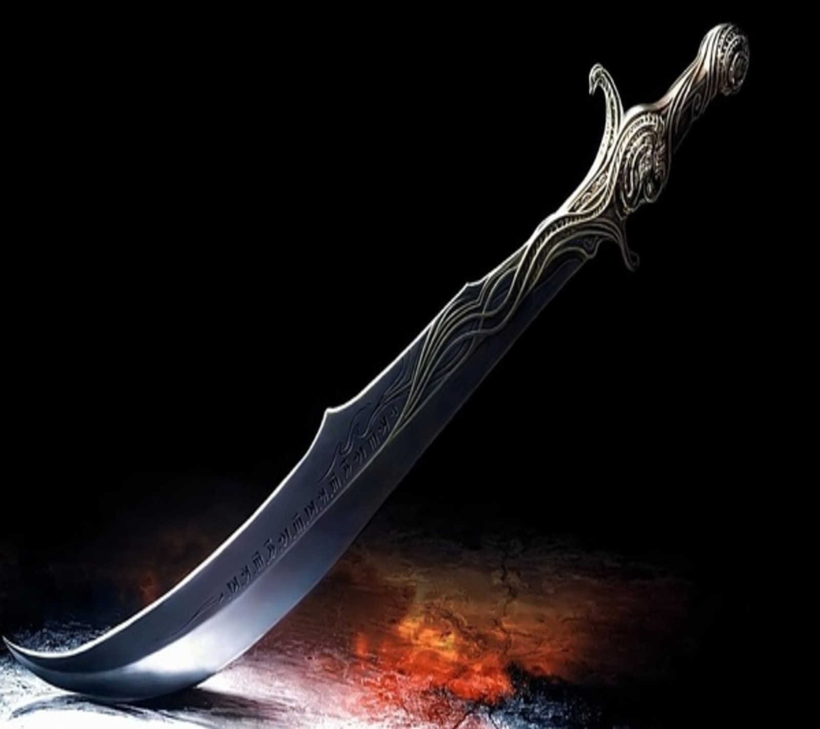 A close up of a knife with a light shining on it (3d, hd, magic, sword)