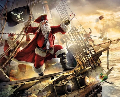 Le Père Noël en tant que capitaine pirate naviguant sur une mer tempétueuse