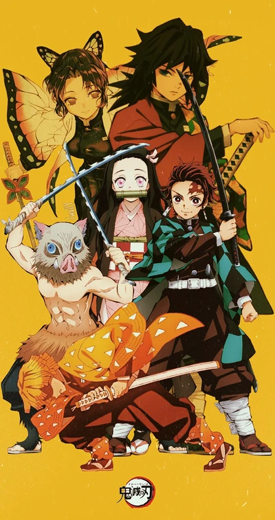 anime, demon slayer, gyu tomioka, inosuke, kamado nezuko