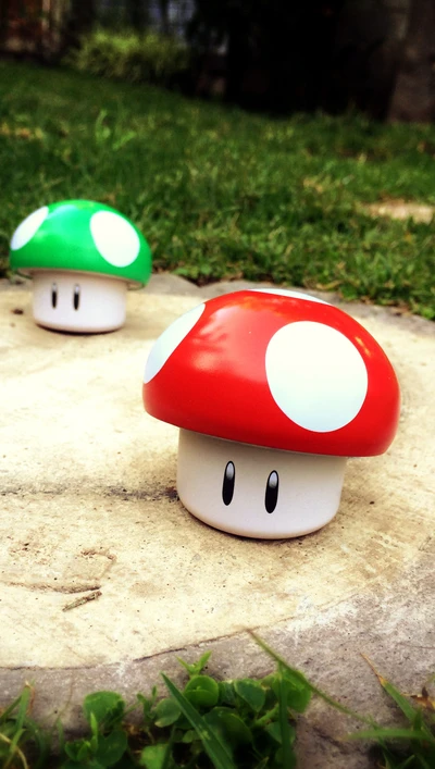 Colorful Mario Mushrooms in a Lush Green Setting