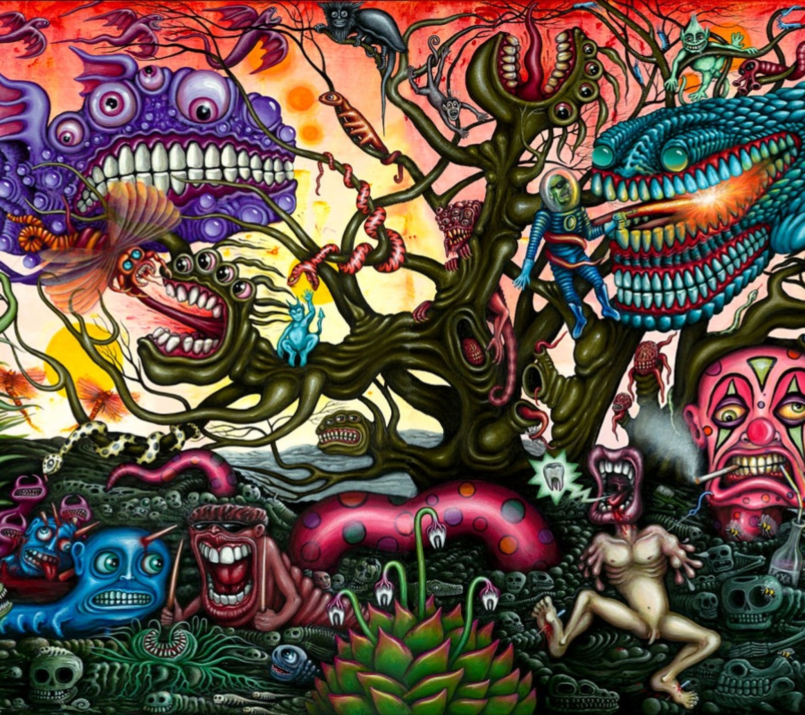 Painting of a colorful scene with a tree and monsters (art, cartoons, color, darkdroid, monster)