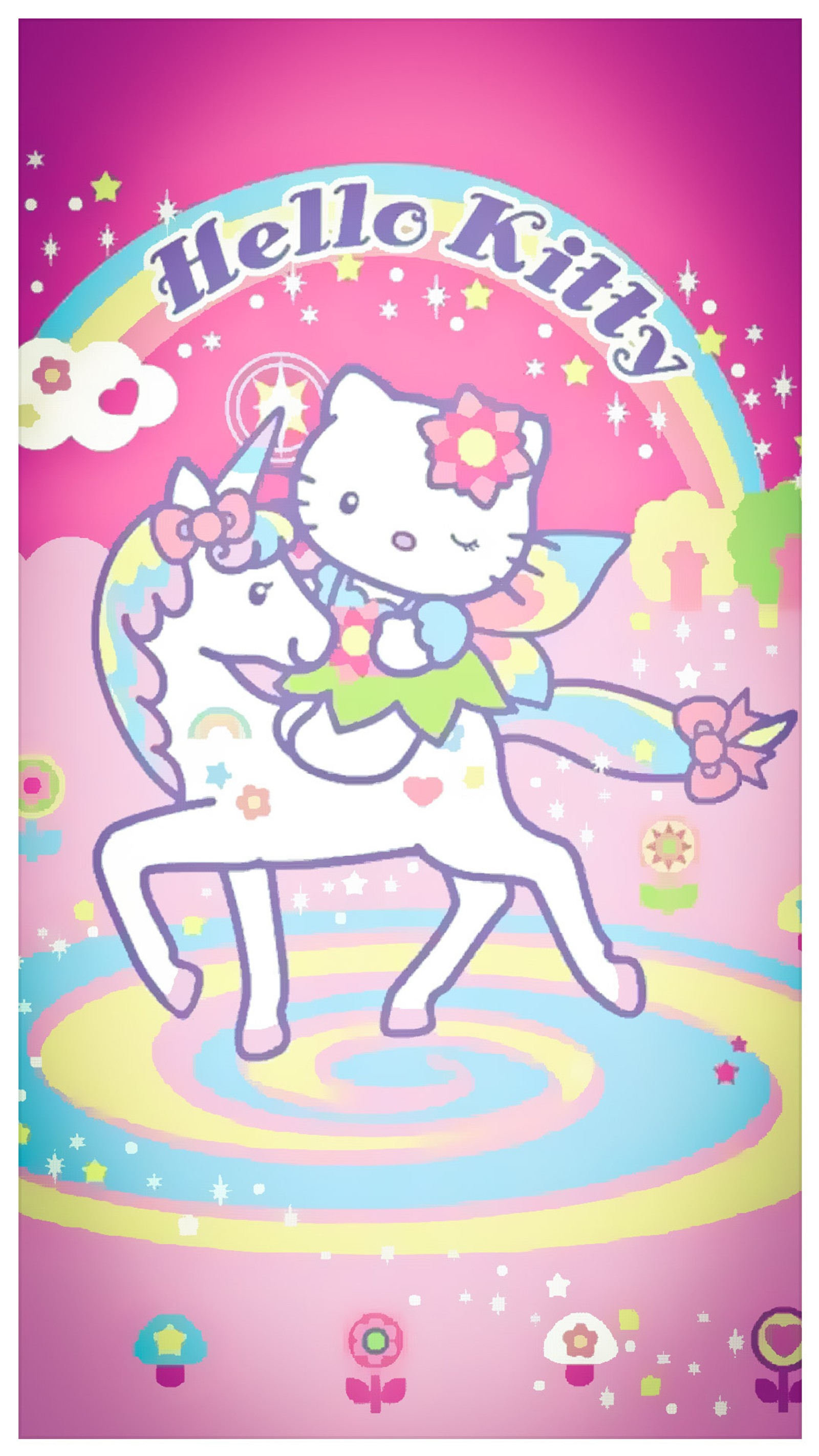 Hello kitty en un unicornio con un arcoíris de fondo (caricatura, colorido, lindo, fantasía, hello kitty)