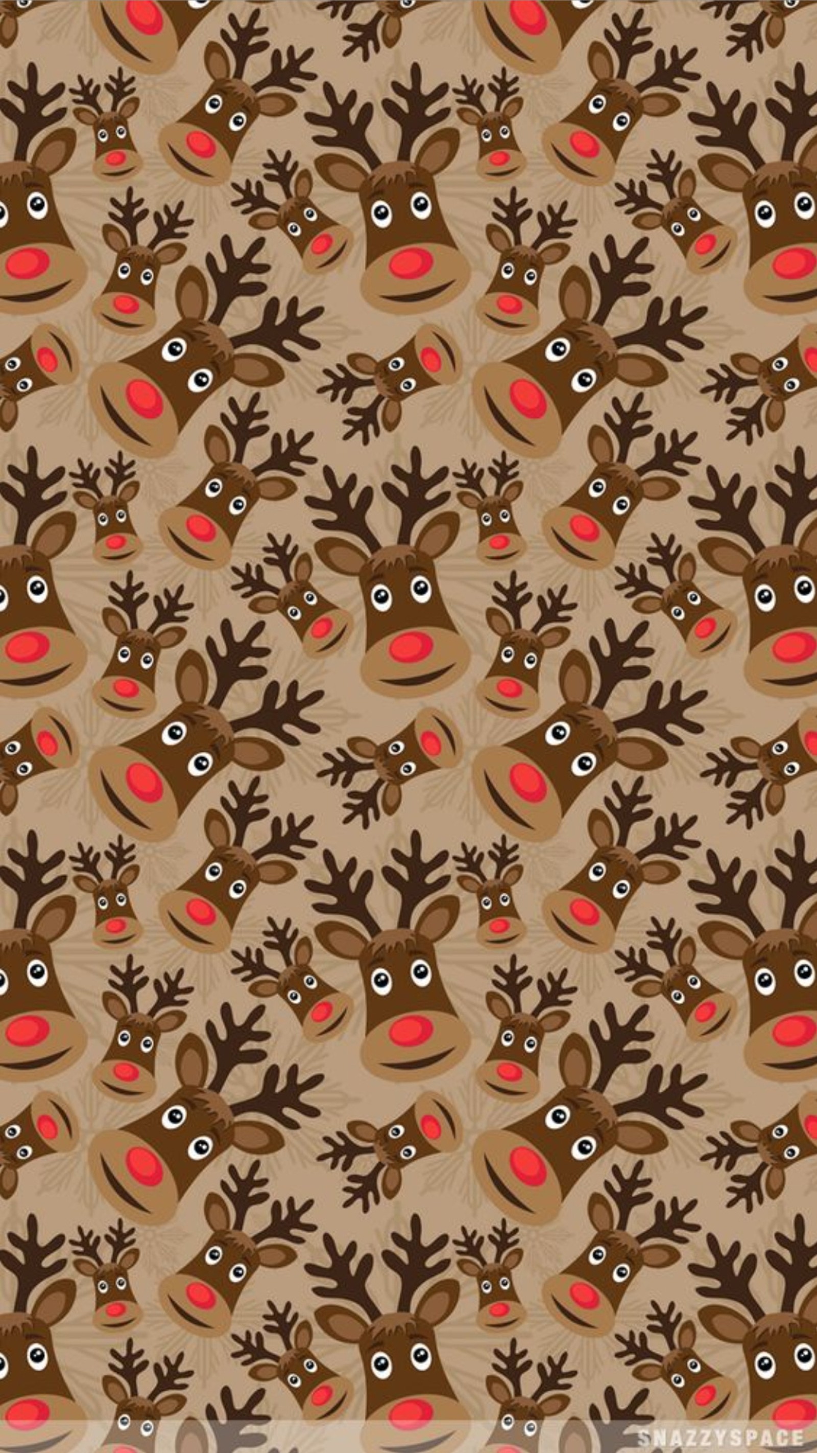 A brown background with a lot of reindeer heads and red noses (christmas, reindeer)