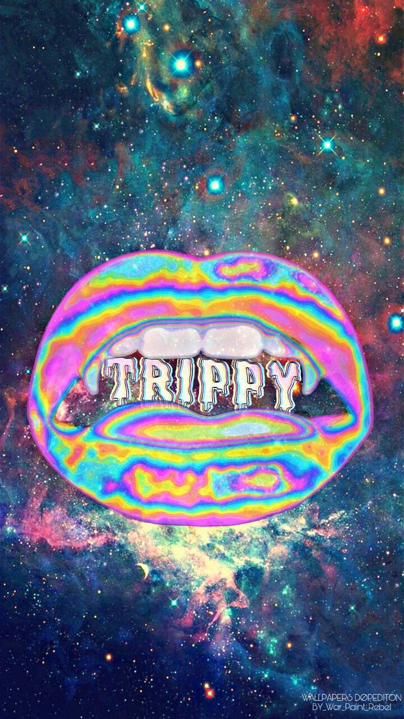 Цветное изображение объекта с радугой и словом trippy на нём (цвета, галактика, хипстер, hipster, губы)