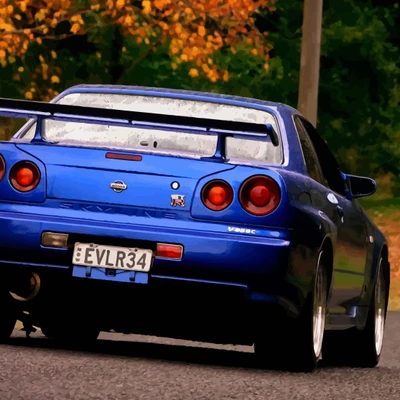 Nissan R34 Skyline: Voiture de sport bleue emblématique en mouvement