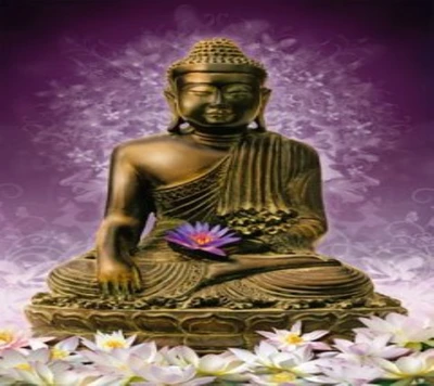 Buddha Statue Surrounded by Lilies