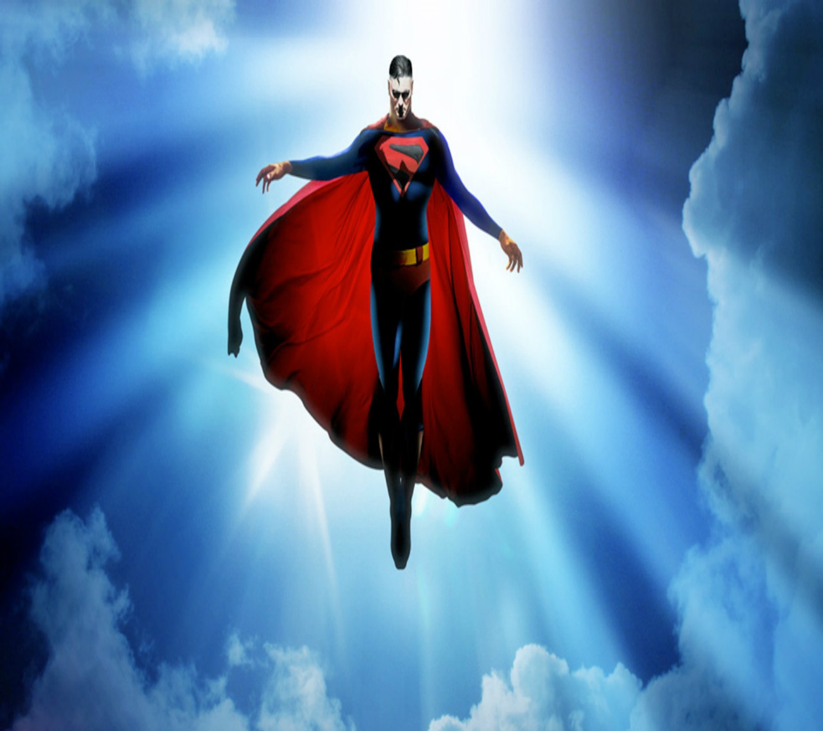 Superman flying through the sky with his cape open (hd, superman)