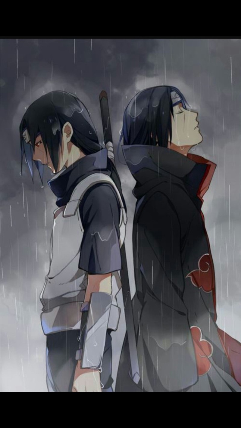 Два персонажа аниме стоят под дождем с мечом (аниме, anime, itachi, naruto, грустный)