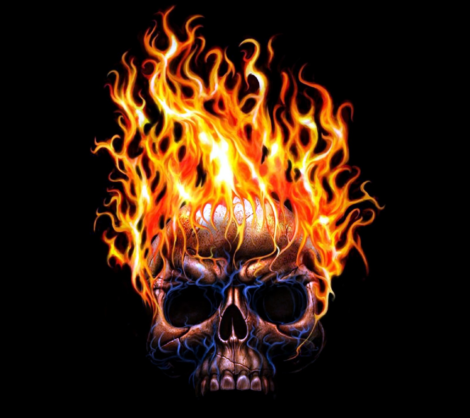 A skull with flames on its head and a black background (art, design, painting)