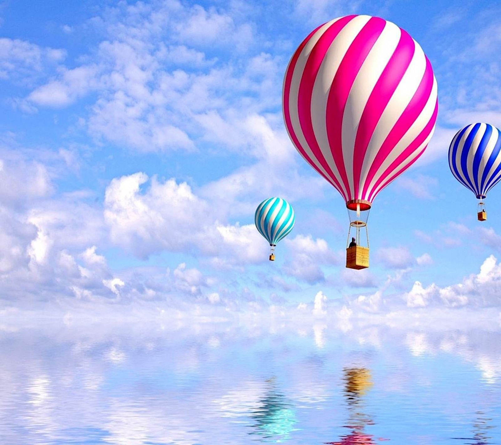 Several hot air balloons floating in the sky over a body of water (ballons, cool, nature, nice)