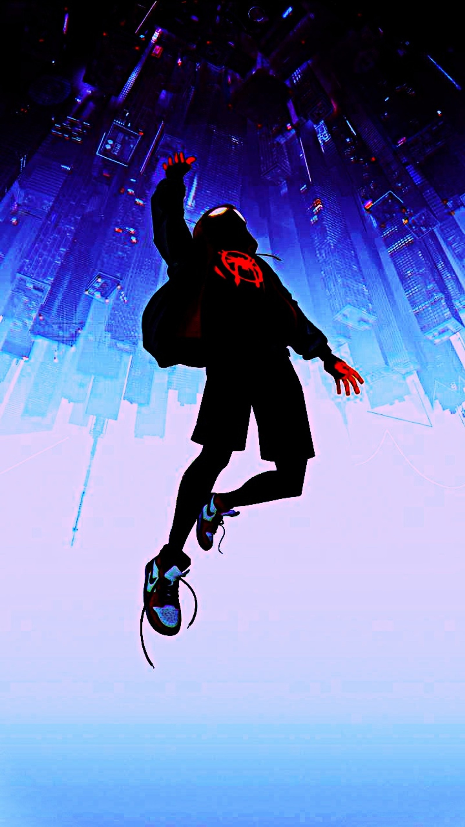 Spider-man dans la ville bondissant dans les airs avec les bras écartés (miles morales, spiderman, spider man, dans le spider verse)