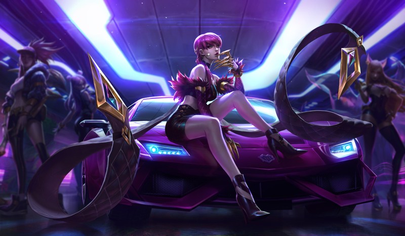 Женщина, сидящая на пурпурной машине в комнате (evelynn, ахри, ahri, kpop, kda)