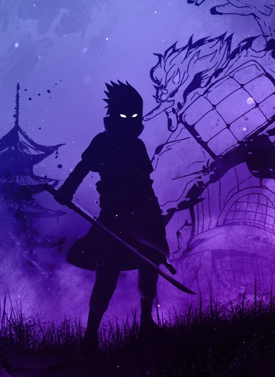 Silhouette de Sasuke Uchiha en un paisaje místico - Ilustración de anime Naruto