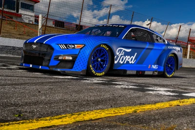 2021 Ford Mustang coche de carreras NASCAR en diseño azul vibrante y blanco