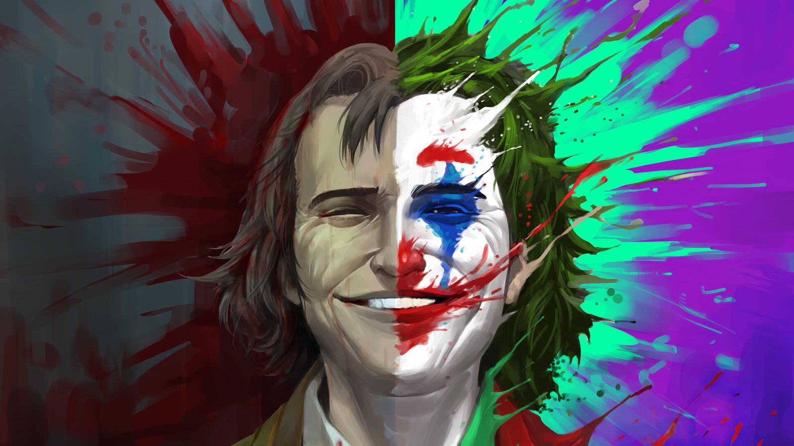 Картина джокера с красным и синим лицом (джокер 2019, joker 2019, фильм, джокер, joker)