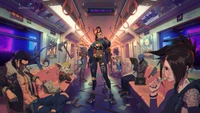 Campeões de League of Legends em uma cena de metrô urbano