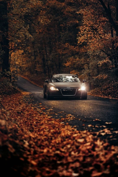 Audi R8 en un camino otoñal serpenteante rodeado de hojas caídas.