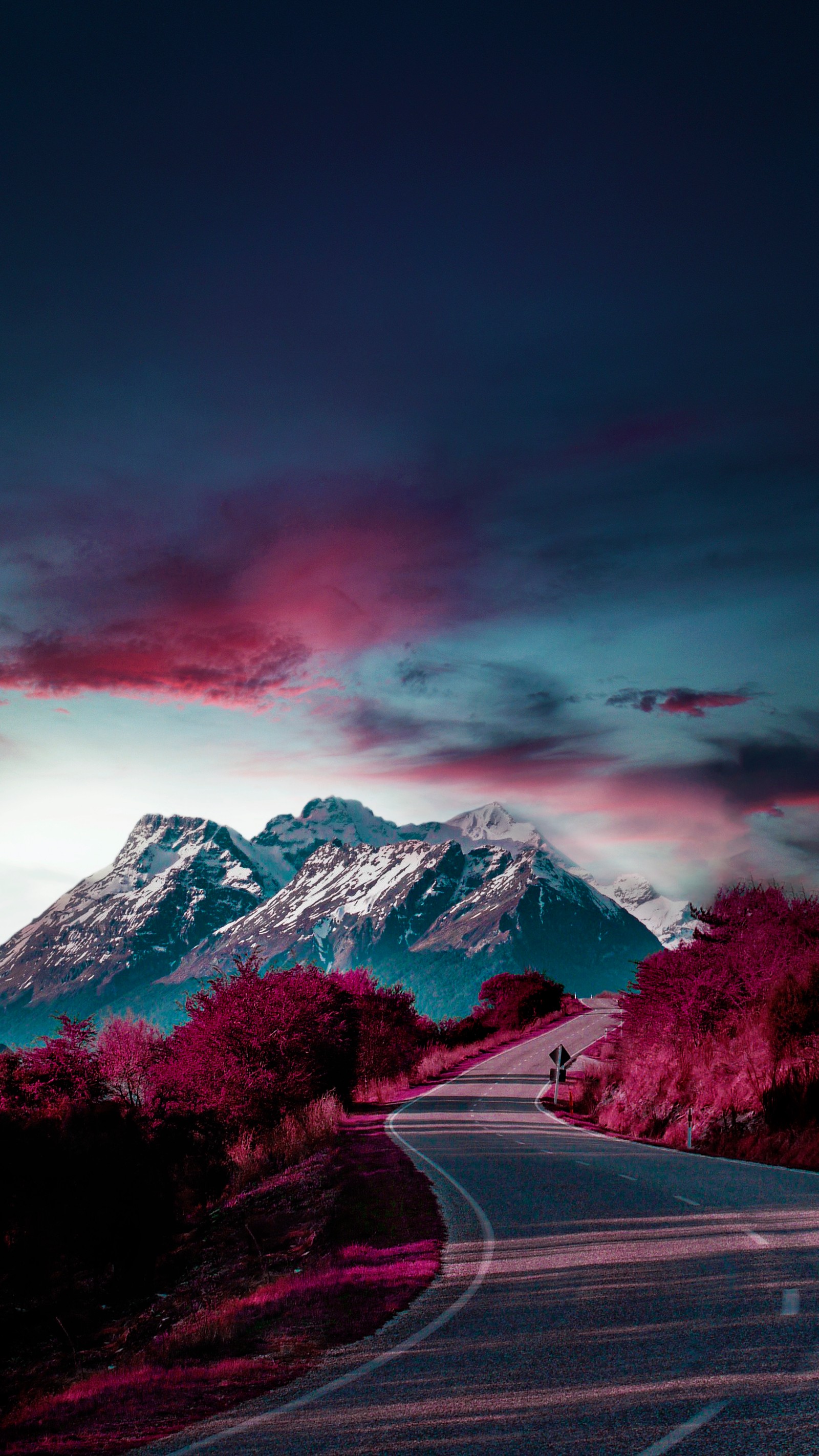 There is a person riding a bike down a road with a mountain in the background (mountain, nature, cloud, atmosphere, plant)