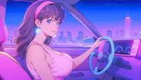 Anime Girl Driving in a Neon Cityscape