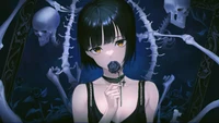 Anime Girl Holding a Black Rose Amidst Skeletons