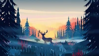 Serene Sunrise in a Forest with a Majestic Deer