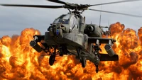 Helicóptero Apache participando en combate en medio de acción explosiva