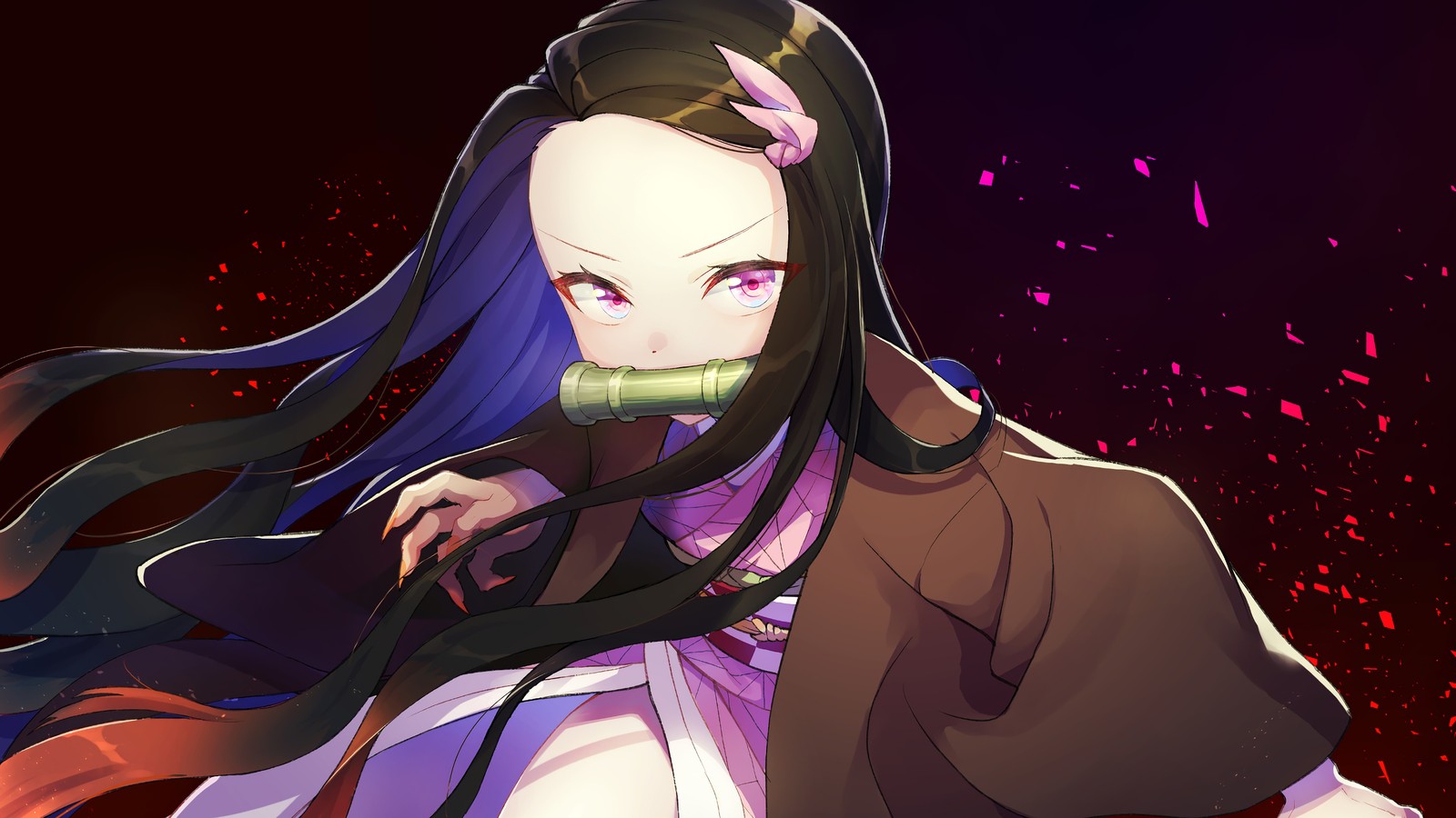 A woman with long hair and a purple dress holding a knife (nezuko kamado, kimetsu no yaiba, demon slayer kimetsu no yaiba, 鬼滅の刃, anime girls)