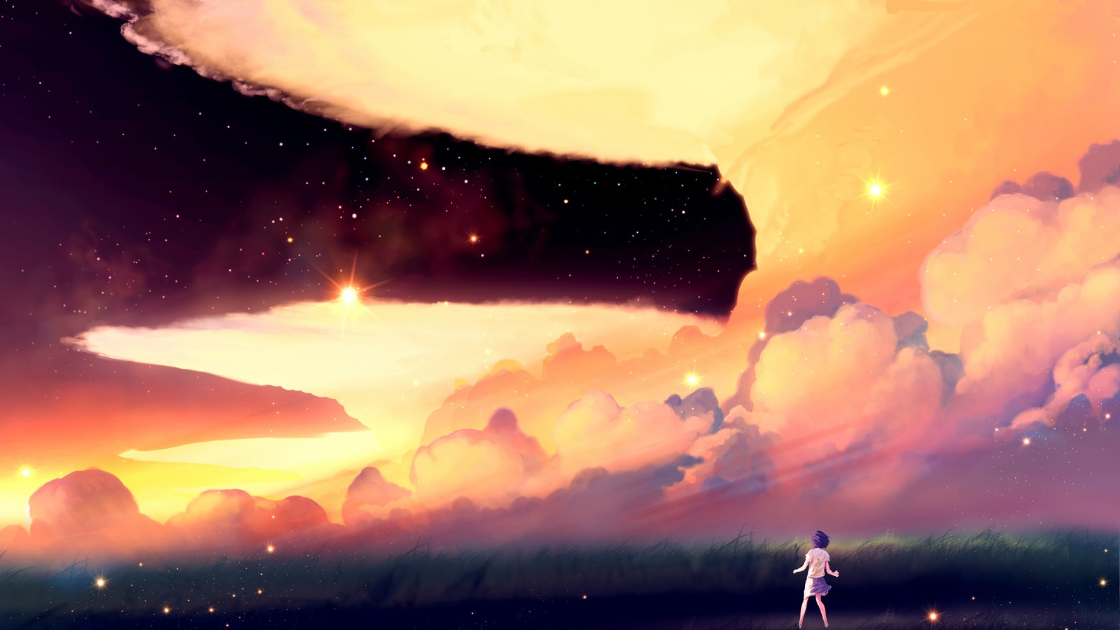 Anime, girl, sky, stars, clouds, night, stars, night sky, night sky (sunset, cloud, horizon, clouds, dawn)