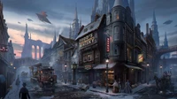 Métropole Steampunk : Une Soirée d'Hiver dans un Paysage Urbain Fantastique