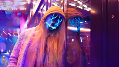 Neon Pink LED Masked Woman in Aesthetic Urban Scene